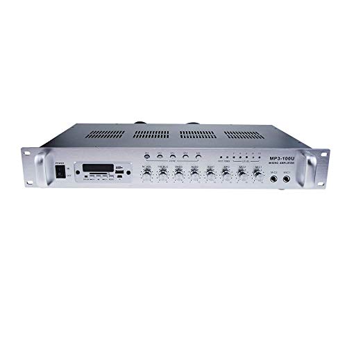 BeMatik - Amplificador para sonorización Profesional de 100W 110V 5 Zonas con Mic AUX FM MP3 Rack