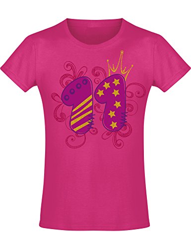 Camiseta de Cumpleaños - 11 Años con Corona y Brillo - Año 2009 - T-Shirt Niños Chica Niña Niñas Girl-s - Rosa Pink Fucsia Pijama - Regalo Princesa Princess - Birthday (152)