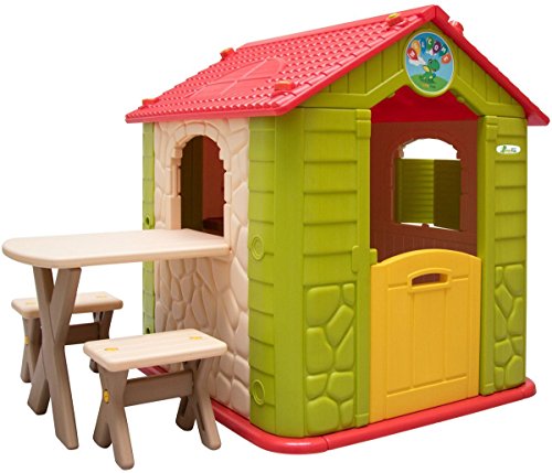 LittleTom Casa de Juegos para niños y niñas Incl 1 Mesa 2 taburetes Casita de plástico para Interiores y Exteriores Verde Beige