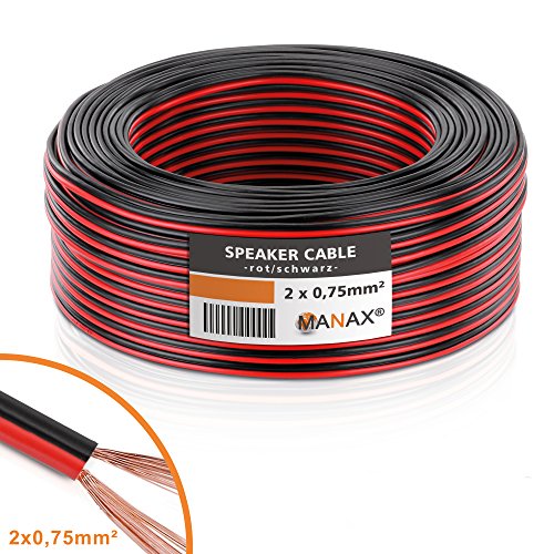 Manax – Cable de Altavoz (2 x 0,75 mm², CCA, Rojo/Negro 25 m Rollo