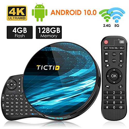 TICTID Android 10.0 TV Box T8 MAX【4G+128G】con Mini Teclado inalámbirco con touchpad RK3318 Quad-Core 64bit WiFi-Dual 5G/2.4G,BT 4.0, 4K*2K UDR H.265, USB 3.0 Smart TV Box
