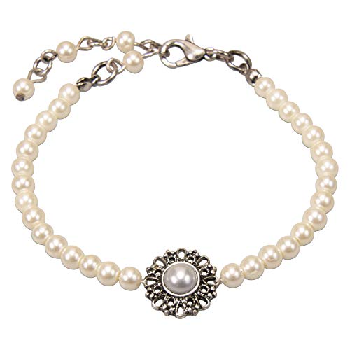Alpenflüstern Pulsera de perlas para traje tradicional Helena, joya para mujer con adorno de plata antigua, pulsera de perlas de color crema y blanco DAB076