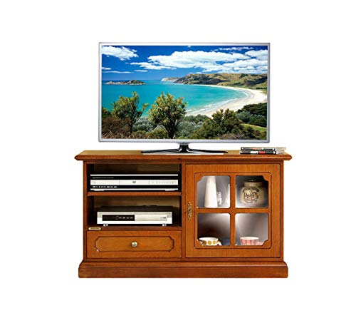 Mueble de tv pequeño en madera con puerta de vidrio, mueble de salón estilo clásico, Mesa de tv con estante regulable, mueble clásico de comedor, aparador tv con vitrina, madera color cerezo