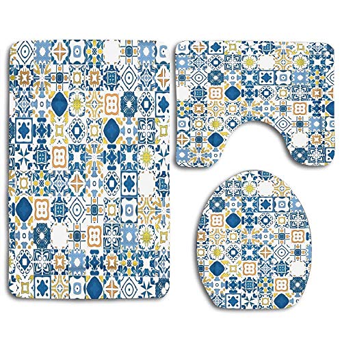 Naranja Mosaico español hecho de azulejos ilustrados como portugués Amarillo marroquí Resumen Túnez Juego de alfombras de baño antideslizantes de 3 piezas para baño Alfombra de contorno en forma de U
