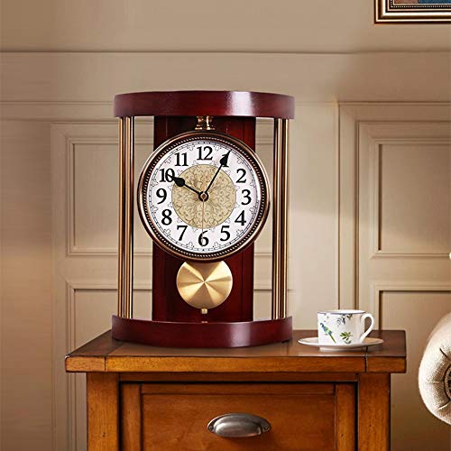 Chitty Reloj Retro Sitio De Madera Brown Europeo De Estar Roja, Dormitorio De Entrada De La Cabecera De Oro American Metal Antiguo Mute Reloj con Péndulo 21,5x30cm Bonita