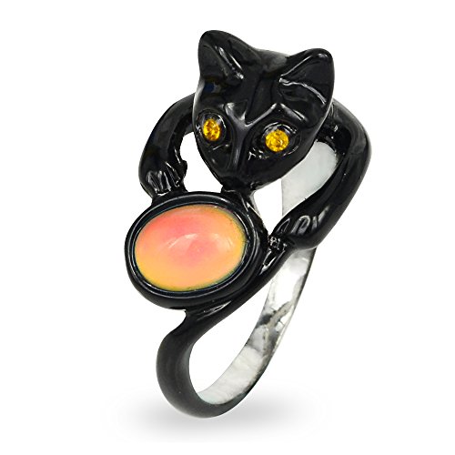 Fun Jewels - Anillo del humor con forma de gatito negro - Gema de talla oval - Para amantes de los animales