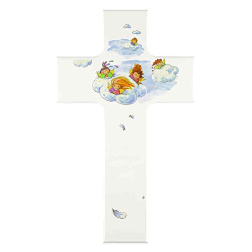 kruzifix24 - Cruz para niños, diseño de ángel de la guarda sobre una nube, cruz de madera, color blanco, 20 x 12 cm, neutral para niñas/niños, cruz para bautizo regalo, nacimiento, comunión