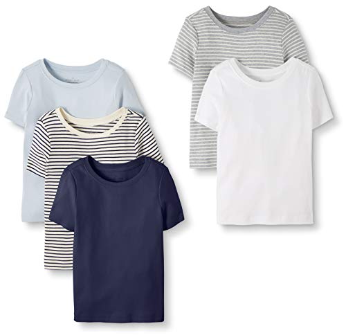 Moon and Back de Hanna Andersson - Pack de 5 camisetas de algodón orgánico con cuello redondo para niño, Marino, 2 años (82-87 CM)