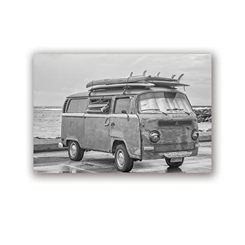 Van de surf antiguo y tablas de surf antiguas imprime carteles de fotos en blanco y negro Imágenes de arte de la pared del hogar Decoración de arte costero Pintura de lienzo-50x70 cm Sin marco