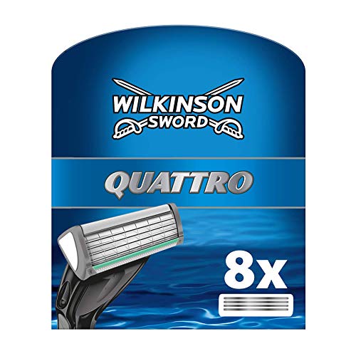 Wilkinson Sword Quattro Plus - Cargador de 8 Unidades de Recambio de Cuchillas de Afeitar para Hombre de 4 Hojas, Afeitado Manual Masculino