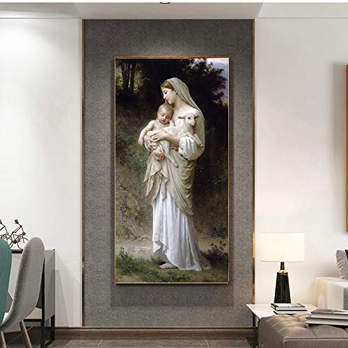 BailongXiao Resumen Jesús y la Virgen María bebé Lienzo Retrato póster escandinavo,Pintura sin Marco,75x150cm