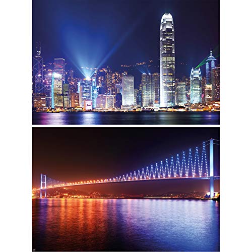 Gran Arte Set de 2 Posters XXL - Metrópolis de Noche - Puente de Hong Kong y del Bósforo China Turquía Ciudad Mar Rascacielos Decoración de la Pared Foto (140 x 100 cm)