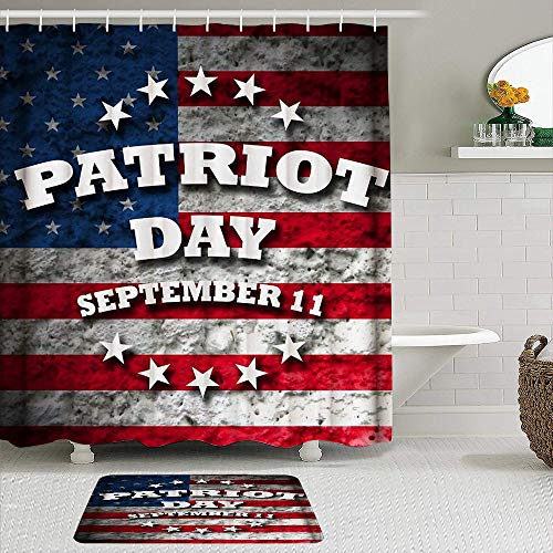 Juegos de Cortinas de baño con alfombras Antideslizantes, Bandera Americana Estados Unidos Día del Patriota Patriótico 11 de septiembre de 911,con 12 Ganchos