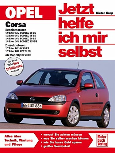 Opel Corsa ab Modelljahr 2000. Jetzt helfe ich mir selbst: Benzinmotoren: 1,0 Liter 12V, ECOTEC 58 PS; 1,2 Liter 16V, ECOTEC 75 PS; 1,4 Liter 16V, ... Liter DI 16V 65 PS; 1,7 Liter DTI 16V 75 PS