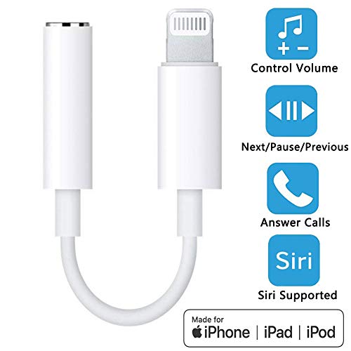 WIKIPro Lightning to Headphone Jack Adapter Dongle [ MFi Certified ] Earbuds Headphone Converter for Apple iPhone XR/XS/XS Max/X/8/8Plus 7/7Plus,Music Control,Calling&Siri Supported