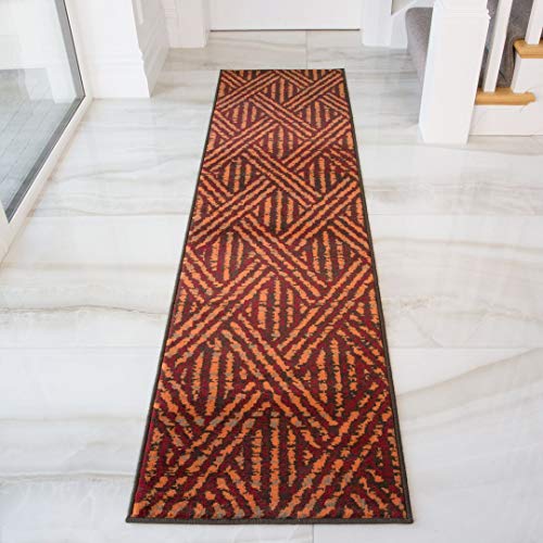 Alfombra de pasillo, color gris, diseño geométrico, color naranja y marrón 60cm x 240cm (2' x 7'9") terracota