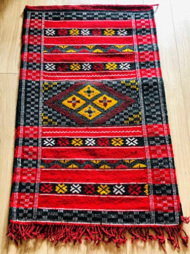 Auténtica alfombra marroquí tejida a mano bordada Kilim 100% lana – rojo, negro, blanco y amarillo – 1,15 x 0,70 m