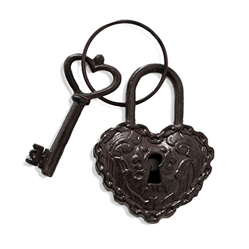 Llave con corazón y cerradura de corazón + llavero de estilo antiguo, aspecto oxidado, hierro fundido, llave nostálgica con candado