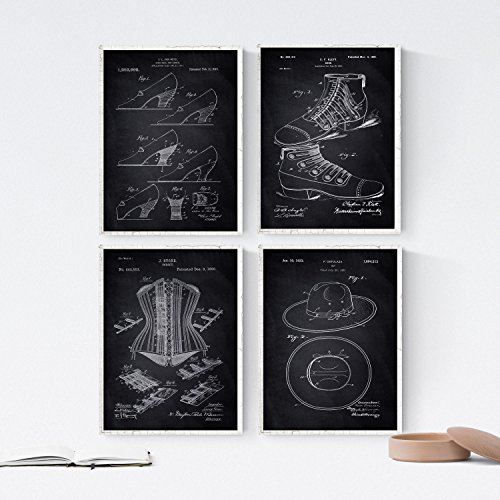 Nacnic Negro - Pack de 4 Láminas con Patentes de Moda. Set de Posters con inventos y Patentes Antiguas. Elije el Color Que Más te guste. Impreso en Papel de 250 Gramos
