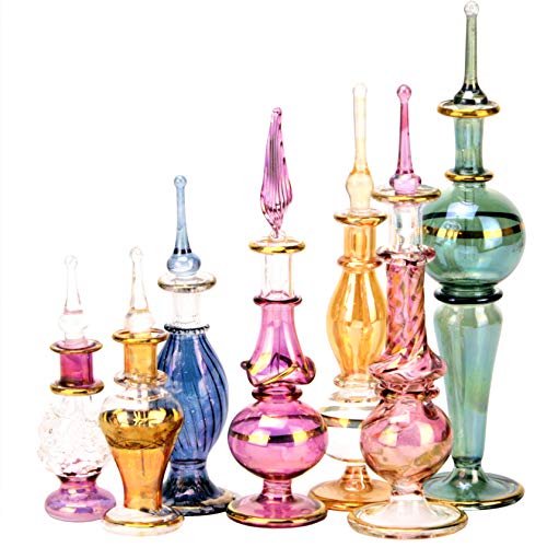 NileCart - Juego de 12 botellas de perfume egipcias de Wholesale Mix Collection de cristal decorativo soplado a mano de 5 cm con decoración egipcia dorada para perfumes y aceites esenciales