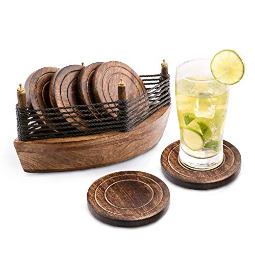 Set de 6 posavasos para bebidas contenidos en un bote de madera, ecológicos, absorbentes y de aspecto antiguo hechos a mano. Divit Posavasos.