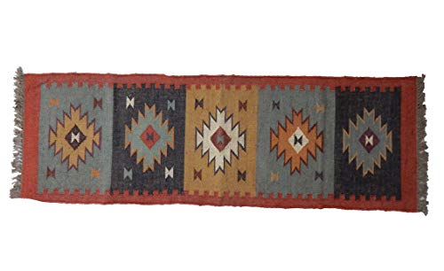 Dhurrie - Alfombra de yute de lana hecha a mano, 2 x 6 pies, bohemia marroquí moderna alfombra de meditación, alfombra india, multicolor Kelim tradicional retro kilim zona alfombra persa