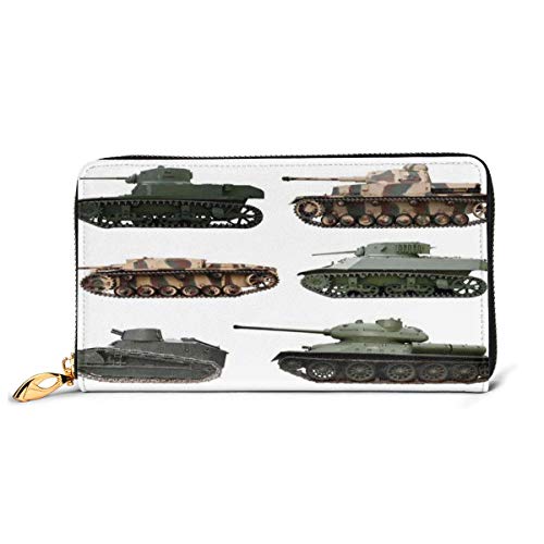 Women's Long Leather Card Holder Purse Zipper Buckle Elegant Clutch Wallet, Second World War Armoured Tanks with Camouflage Military Power Artillery Weapon,Sleek and Slim Travel Purse
