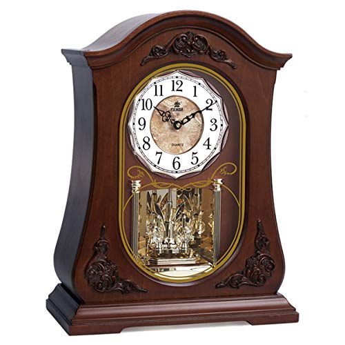 CAO-Decor Relojes de Mesa Mantel de Madera con Chime Westminster, Ornamentos del Escritorio del Reloj clásico de Cuarzo analógico Reloj Antiguo con Cristales Péndulo Giratorio, 34,5 x 26.2cm