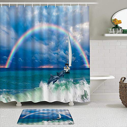 Juego de cortinas y tapetes de ducha de tela,Olas del mar Paisaje del océano Rainbow Dolphin Animales marinos Velero C,cortinas de baño repelentes al agua con 12 ganchos, alfombras antideslizantes