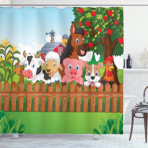 Lianlian Composición de la Cortina de Ducha de Dibujos Animados Animales de Granja en la Cerca Mascotas cómicas con Perro Vaca Caballo Niños Diseño Baño 150 * 180 cm