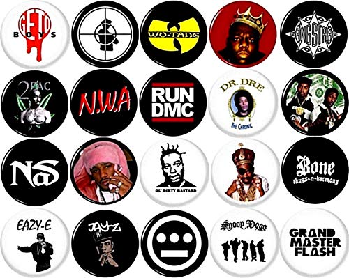 Panic Buttons Hip Hop Rap Set de 20 Nuevo 1" Pin Antiguo Escuela Gangster East West Coast LA NYC Bronx