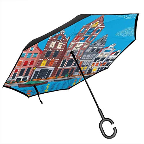Paraguas invertido para automóvil, Colorido Arte Dibujado a Mano del Famoso Canal con Barcos y Apartamentos a la Antigua, con manija en Forma de C