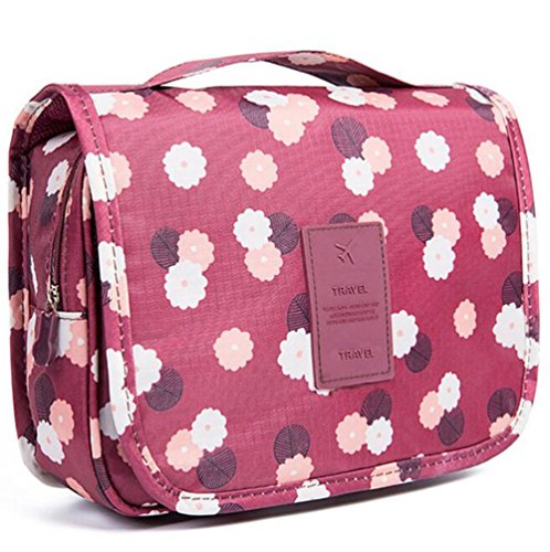 Emwel bolsa de cosméticos bolsa de aseo para hombres y mujeres de viaje camping cosas necesarias cosméticos estuche de maquillaje bolso (Flor rojo vino)