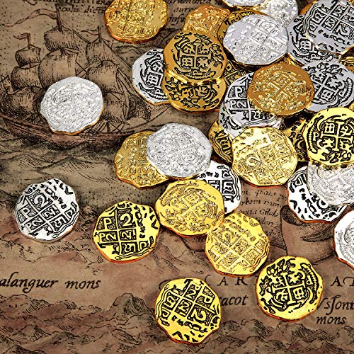 Hicarer Moneda de Metal de Pirata Réplicas de Doblones Españoles Juguetes de Monedas de Tesoro Pirata para Favores de Decoración(Color Conjunto 1, 60 Piezas)