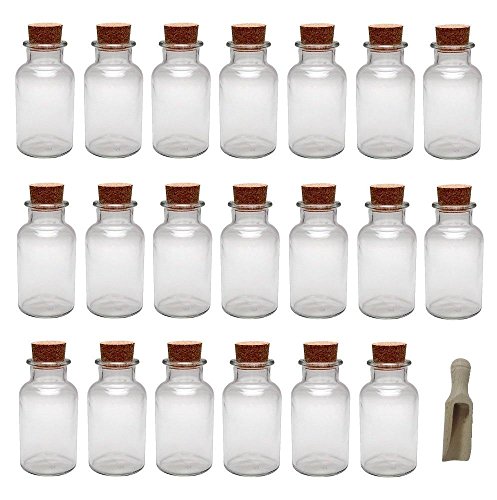 Viva-artículos de Uso doméstico - 20 Cristal/frascos de Vidrio 300 ml con tapón de Corcho para Especias, la Sal, té, etc, Incluye Pala de Madera de 7,5 cm