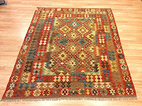 Alfombra afgana Chobi Kilim multicolor 100% lana tejida a mano, alfombra geométrica estilo tribal Nomadic 152 x 202 cm