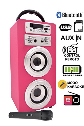 DYNASONIC - Altavoz Karaoke Bluetooth 10W, Color Rosa | Reproductor mp3 inalámbrico portátil, Lector USB SD, Radio FM