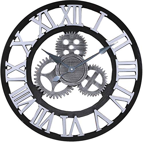 Jcw 19.7"(50CM) Redondo Reloj de Pared,Antiguo Hecho a Mano de Madera Vintage 3D Diseño de Gear (Silver)