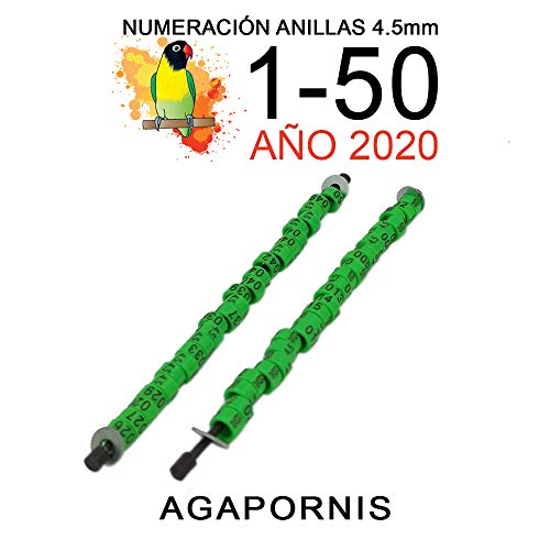 nestQ Anillas Agapornis 2020 Color Verde Federativo Policromo Grabado Laser Cerradas 4.5 Milimetros Numeradas con Año Marcado 2 Tiras con Numeración de 1-50