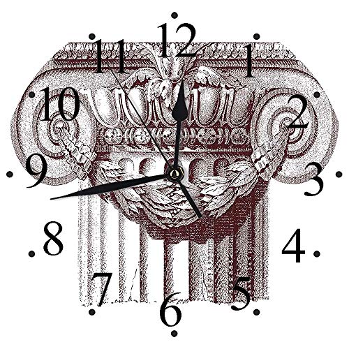 Yaoni Silencioso Wall Clock Decoración de hogar de Reloj de Redondo,Antiguo, Clásico Antiguo Columna Imperio Romano Arquitectura Patrimonio Cultura Impresión,para Hogar, Sala de Estar, el Aula