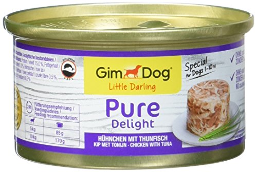 GimDog Pure Delight, pollo con atún – Snack rico en proteínas en deliciosa gelatina – Especial para perros de hasta 10 kg – Sin azúcar añadido – 12 latas (12 x 85 g)