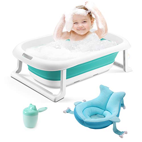 3-en-1 Bañera para bebés Bañera plegable portátil para niños pequeños Lavabo de ducha infantil plegable Antideslizante Prueba de deslizamiento (bañera verde + cojín)