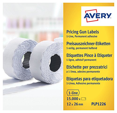 Avery PLP1226 - Rollo de etiquetas (1 línea de adhesivo permanente, 12 x 26 mm, 10 rollos/15000 unidades), color blanco