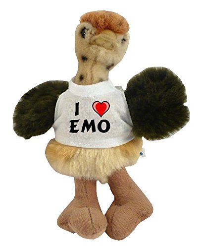 Avestruz personalizado de peluche (juguete) con Amo Emo en la camiseta (nombre de pila/apellido/apodo)