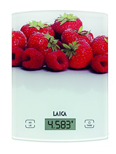 Balanza de cocina digital Laica KS1029W con diseño de fresas, en vidrio templado peso máximo 5 Kg. Encendido y apagado automático. Función TARA.
