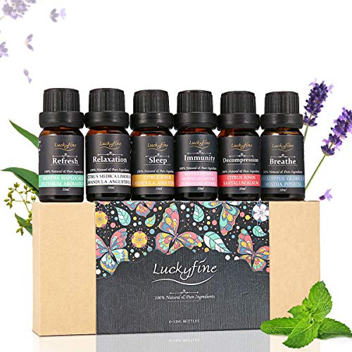Luckyfine Aceites Esenciales para Humidificador, 100% Natural, Perfume de Aromaterapia - Ayuda a Dormir, Calma el Estado de Ánimo - Regalo Ideal para Día de Madre, 6 Olores Diferentes 6 x 10 ml
