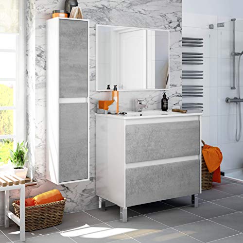 Miroytengo Pack Mueble baño 2 cajones con Espejo Columna y Lavabo ceramico Estilo Industrial Conjunto Aseo Completo