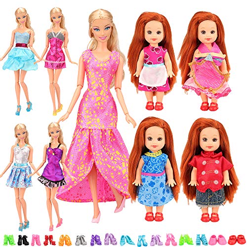 Miunana 27 Artículos para Barbie E Kelly Dolls Muñecas = 10 Ropas Vestidos +10 PCS Zapatos para Barbie + 5 Ropas Vestidos +2 PCS Zapatos para Kelly