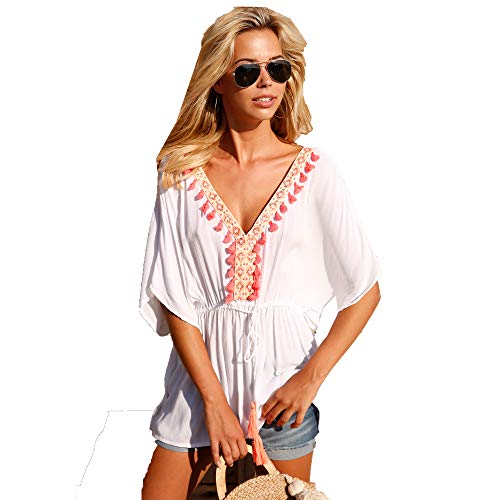 Blusa Corte Cuadrado con Encaje y borlas en el Escote Mujer by VencaSt - 022705,Blanco,XL