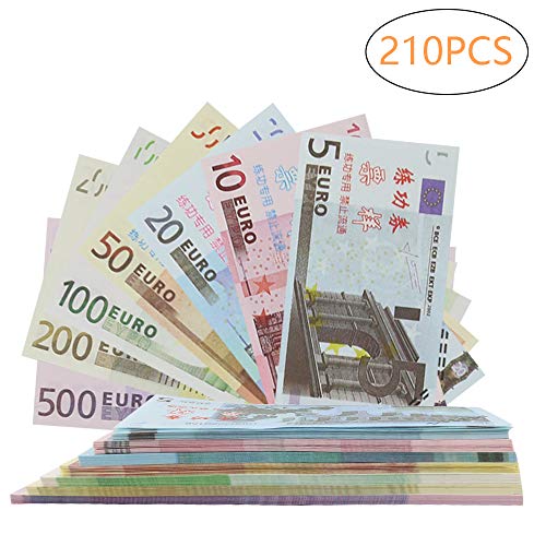 Color You 210Pcs EUR Prop Money Play Money Juego Realista Papel Moneda Impresión Completa 2 Caras, Juego de 1, 2, 5, 10, 20, 50, 100 €